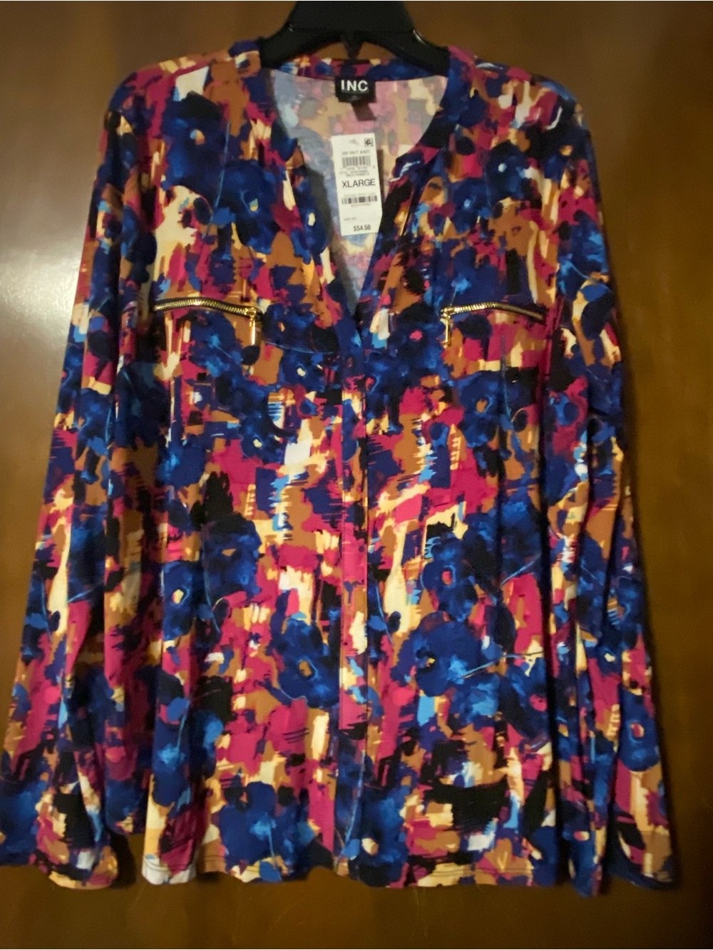 INC International Concepts Abstract Floral Zip-Front Top in Blue, Pink, Gold